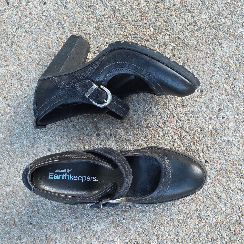 Timberland Black Leather Earth Keepers Chauncey Mary Jane Buckled Heels Size 10